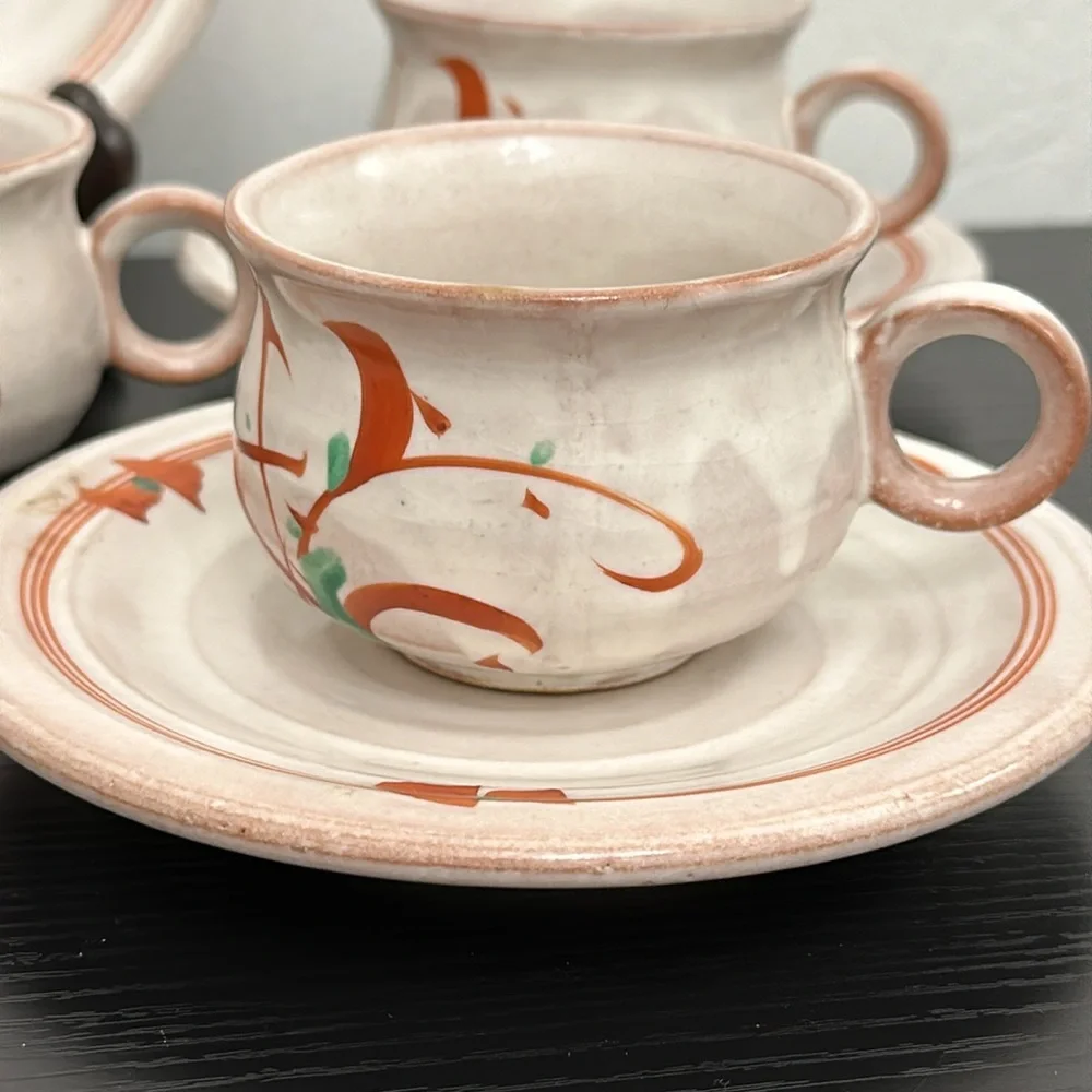 Rare Tachikichi Japanese Pottery Cup & Saucer Set of 5 Vintage In Box